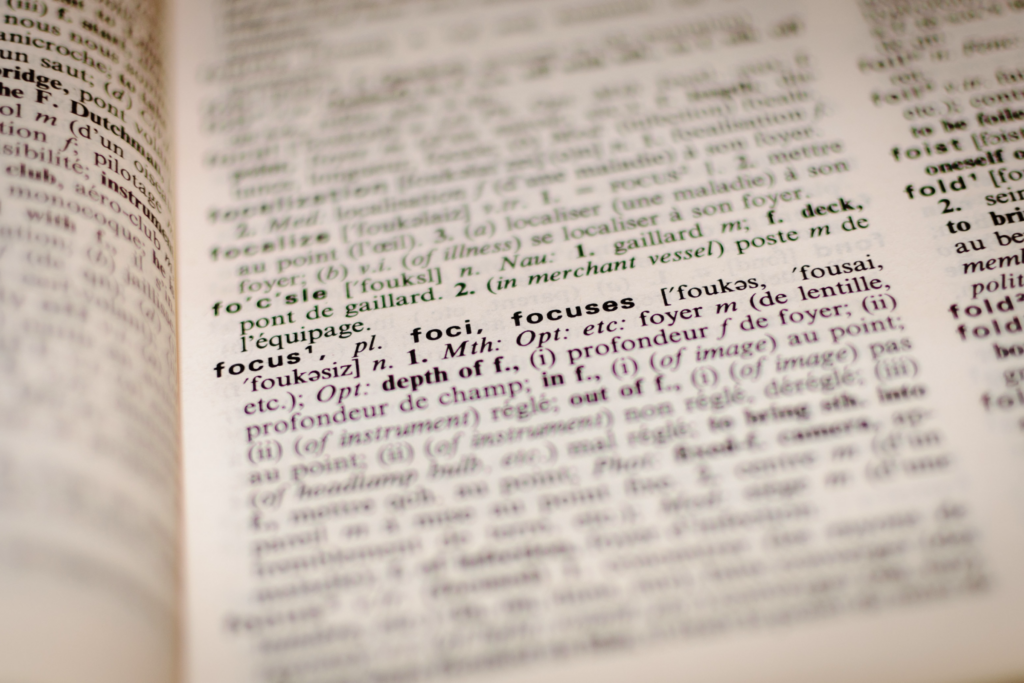 image of a page in a dictionary focusing on the word focus